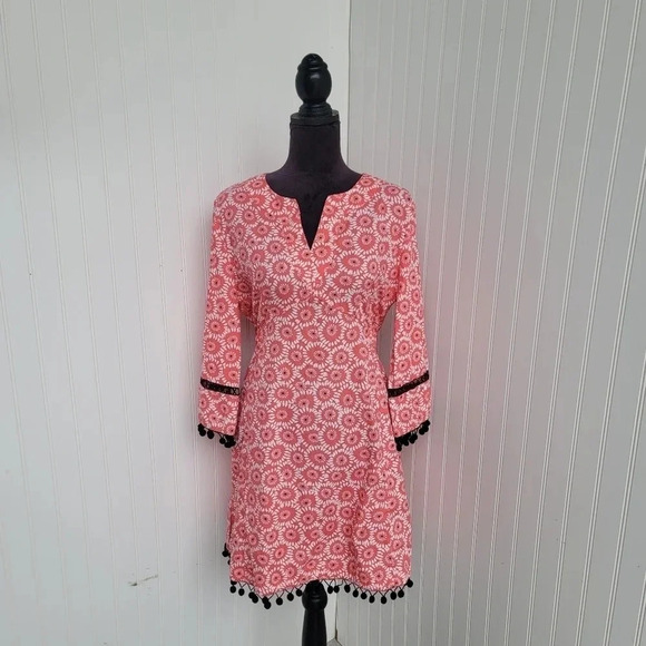 Garden Freak Rare Grow a Pear Coral Pink Black Pom Floral Dress Funky Bright L - Picture 1 of 11